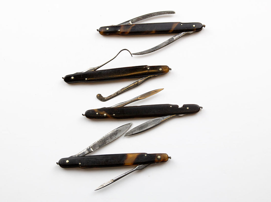 Set of four matching Tortoise Shelled Folding Scalpels, Bistouries, Tenaculums and Lancet by Sharp & Smith