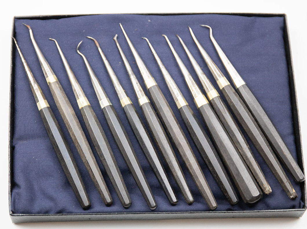 Set of 12 Ebony Handled Dental Instruments by C. Ash & Sons , London
